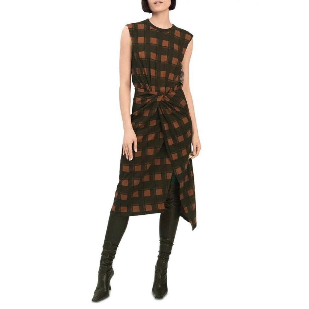 Derek Lam 10 Crosby Londyn Plaid Asymmetric Knit Midi Dress Brown Size XS $325